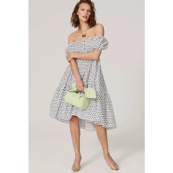 Caroline Consta Bardot Mini Flounce Dress Cap Sleeve Printed White Size XS - Picture 1 of 13